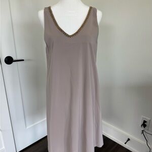 Mabeve Jo Beige Shift Dress w/ Pearl & Bead Neckline – Size L